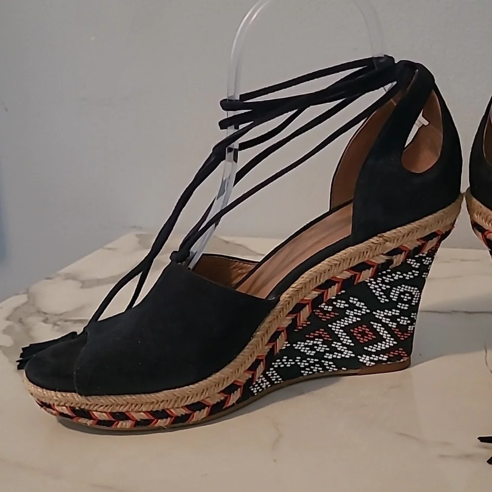 Cabi Isla Leather Suede Navy Blue Wedge Heels Espadrilles Sandals Wmns 7.5 Boho